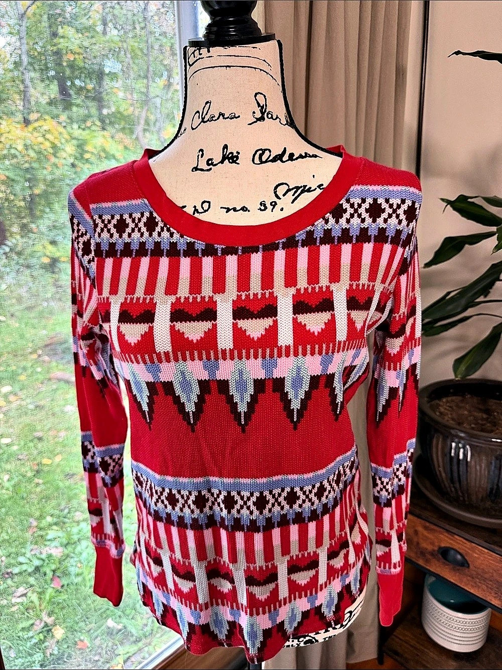 Victoria's Secret Fair Isle Thermal Long Sleeve Top Red & White XS